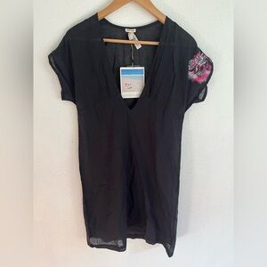 Diesel Y2K Embroidered Black 100% Cotton Swim Cover Up Mini Dress Medium